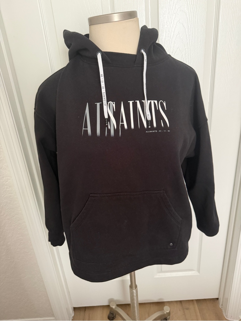 AllSaints Women’s XS Black Logo Graphic Pullover Hoodie Sweatshirt Streetwear